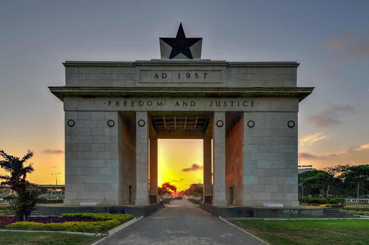 The Independence Arch of Independence Square of Accra, Ghana at sunset. Symbolizing the hope of African Americans moving to Ghana , or at least considering it.
