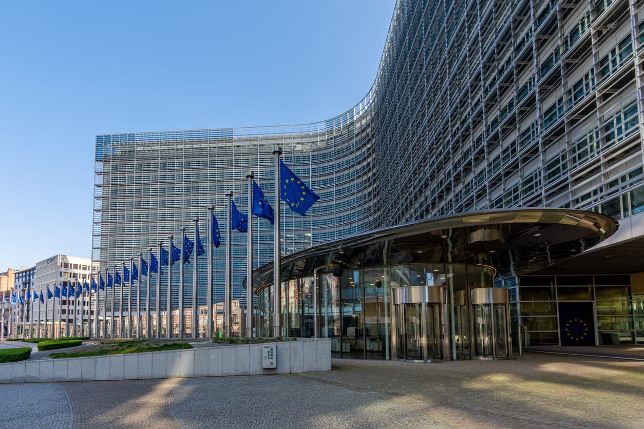 Entrance to the Berlaymont building, headquarters of the European Commission, Brussels, Belgium