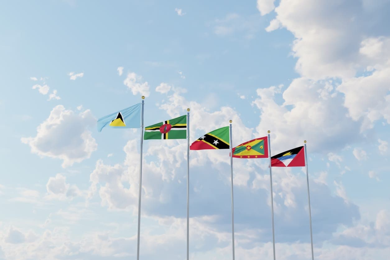 Flags of Caribbean countries Saint Kitts and Nevis, Dominica, Saint Lucia, Grenada, Antigua and Barbuda