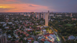 Aerial sunset view of Asunción, Paraguay, where Paraguay residency applications hit a record 47,687 in 2025 as Americans joined a 63% surge