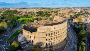 Aerial view of the Colosseum and Rome, the historic seat of Italian citizenship by descent for Americans claiming jus sanguinis