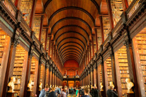 The Long Room at Trinity College Dublin's Old Library, representing the European universities drawing American students studying abroad
