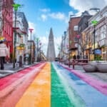 Rainbow-painted Skolavordustigur street leading to Hallgrimskirkja church in central Reykjavik, where more than half of US citizens in Iceland live